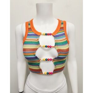 SHEIN Striped Knit Crop Top Women Size XS Multi Color Boho Bead Detail